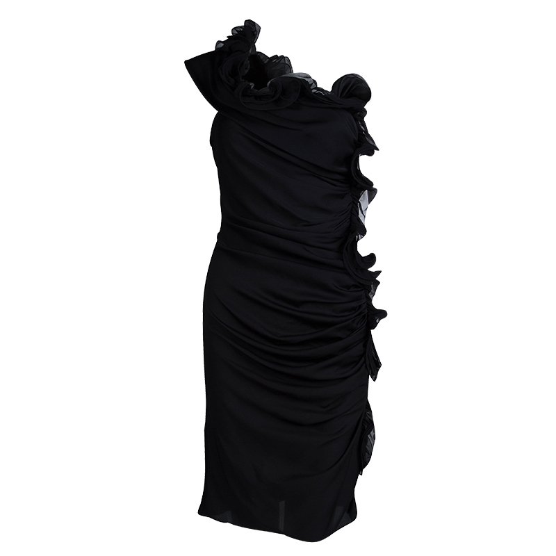 Pre Owned Catherine Malandrino Black Silk Ruched Frill Detail One Shoulder Dress M 