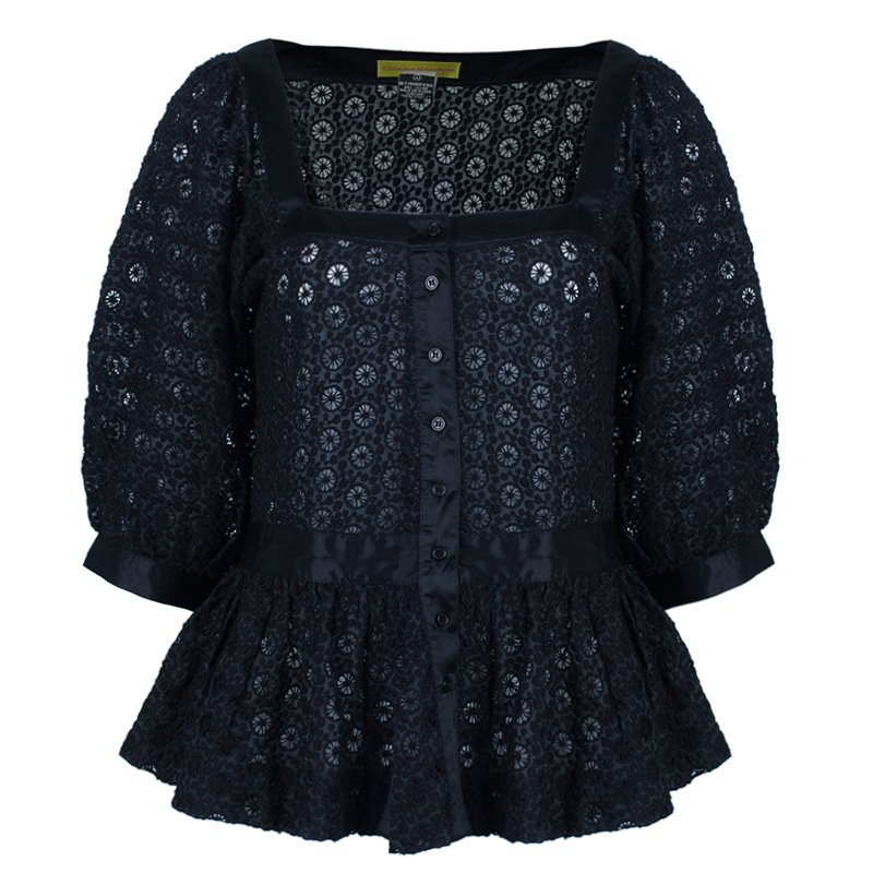 Pre Owned Catherine Malandrino Black Lace Peplum Top M