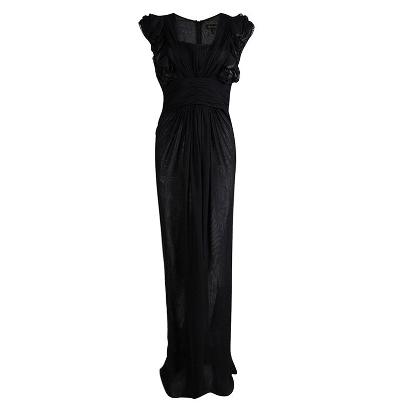 Malandrino Black Silk Ruffle Detail Gathered Maxi Dress M 