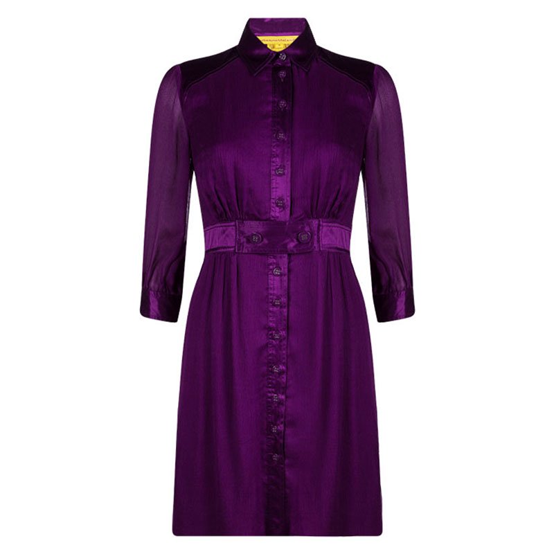 Catherine Malandrino Purple Silk Gathered Shirt Dress S