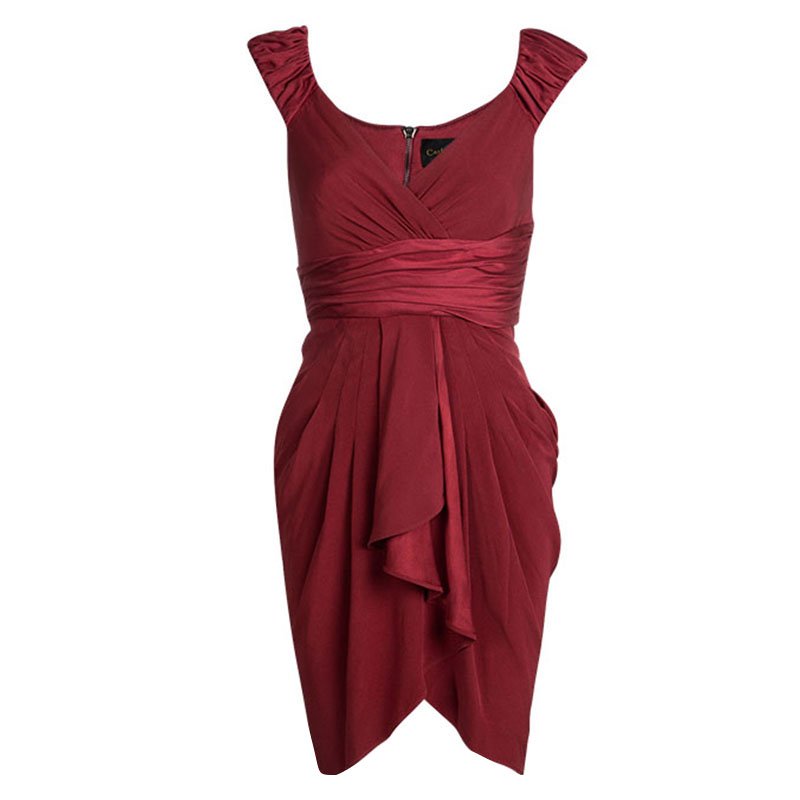 Catherine Malandrino Red Silk Ruffle Detail Draped Sleeveless Dress S