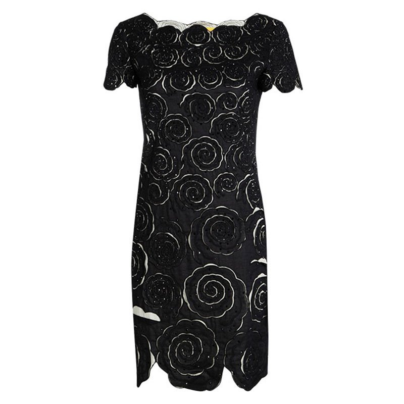 Catherine Malandrino Black Cotton Cutwork Floral Embridered Embellished Shift Dress S