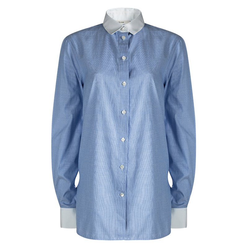 Celine Blue Pinchecked Contrast Trim Button Front Cotton Shirt L