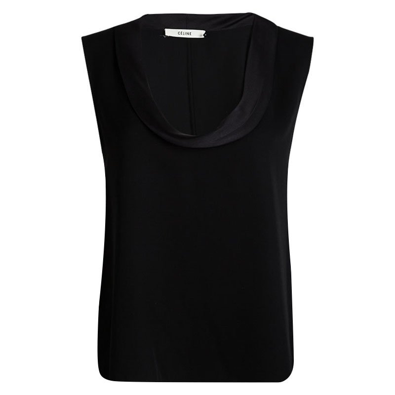 Pre Owned Celine Black Silk Draped Neck Detail Sleeveless Top M