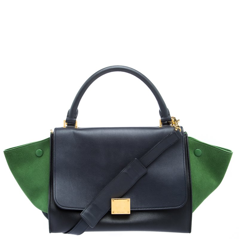 Pre Owned Celine Black/Green Leather and Suede Small Trapeze Tote