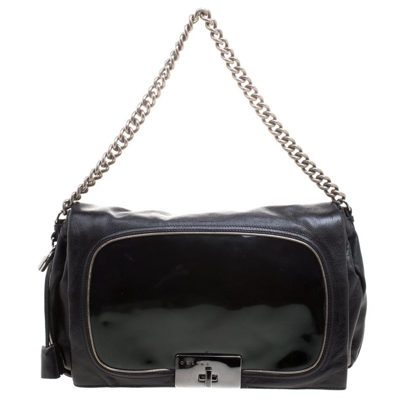 Pre Owned Celine Black Leather Turnlock Chain Shoulder Bag