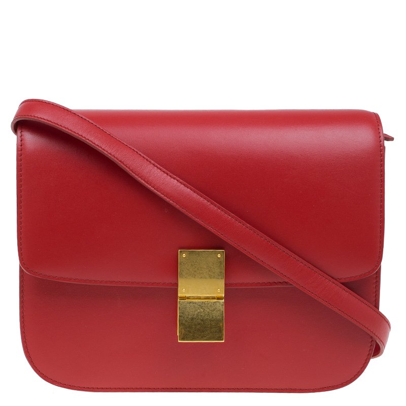 Pre Owned Celine Red Leather Medium Classic Box Shoulder Bag