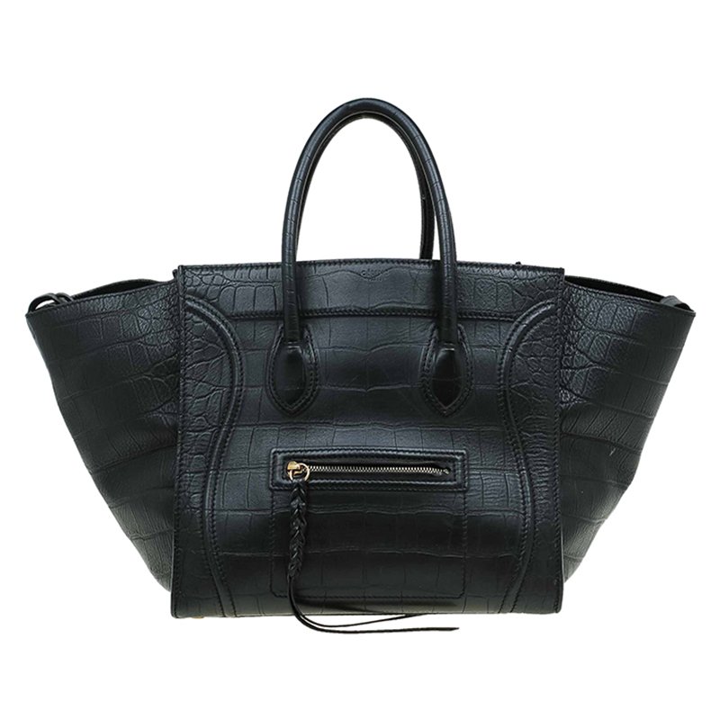 Pre Owned Celine Black Croc Embossed Leather Small Phantom Luggage Tote