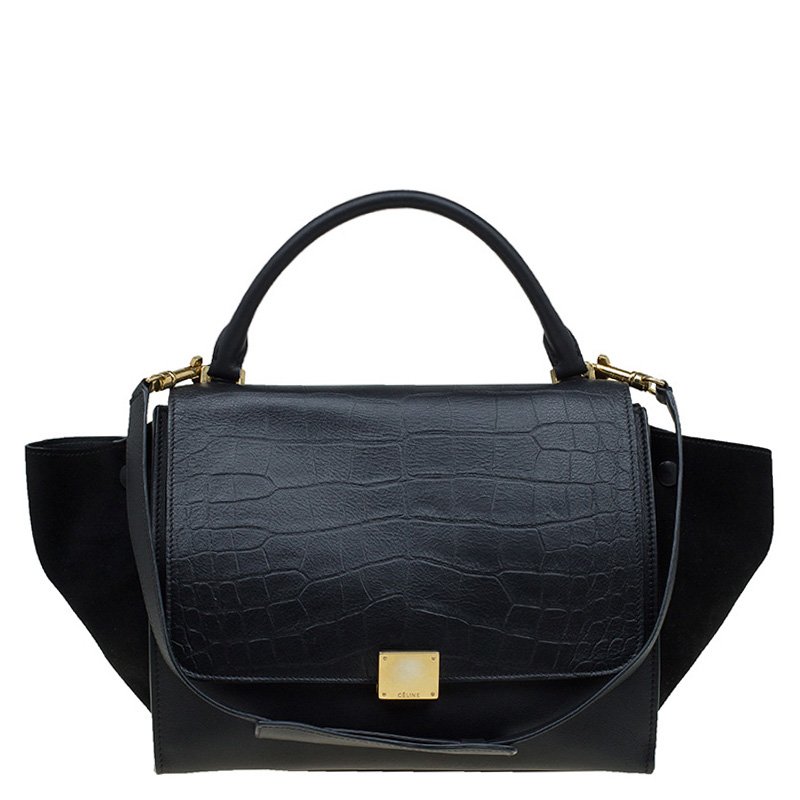 Pre Owned Celine Black Croc Embossed Leather Medium Trapeze Tote