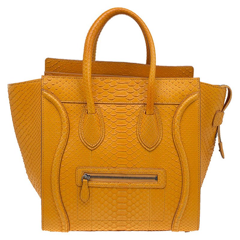 Pre Owned Celine Orange Python Mini Luggage Tote