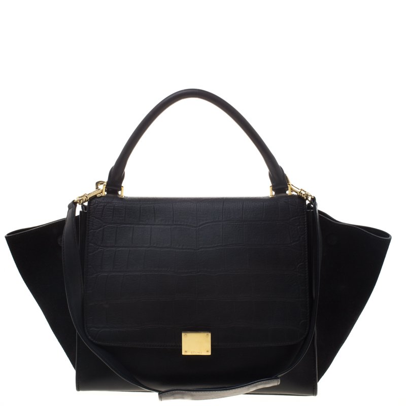 Pre Owned Celine Black Croc Embossed Leather and Suede Medium Trapeze Tote