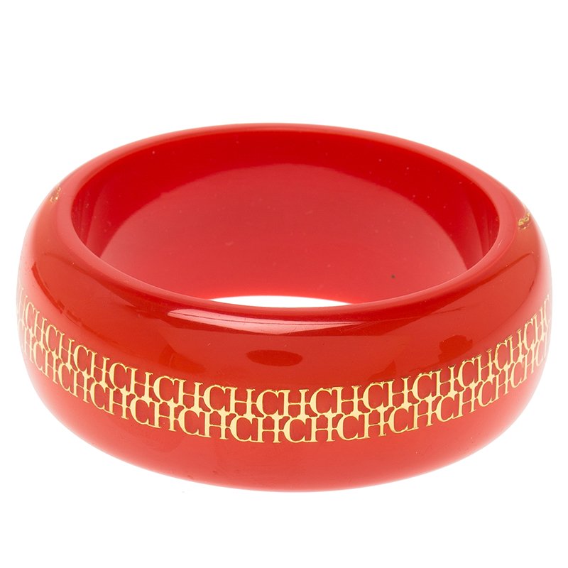 Pre Owned CH Carolina Herrera Red Resin Gold Tone Metal Wide Bangle Bracelet 20cm