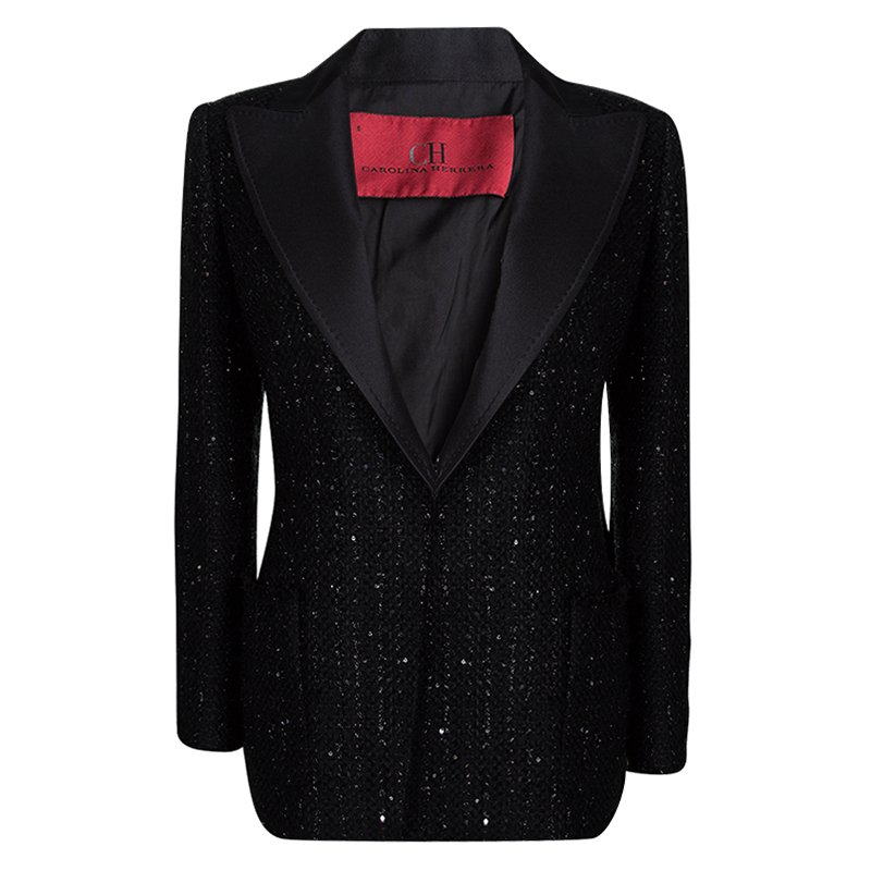 Carolina Herrera Black Sequin Embellished  Tweed Blazer M