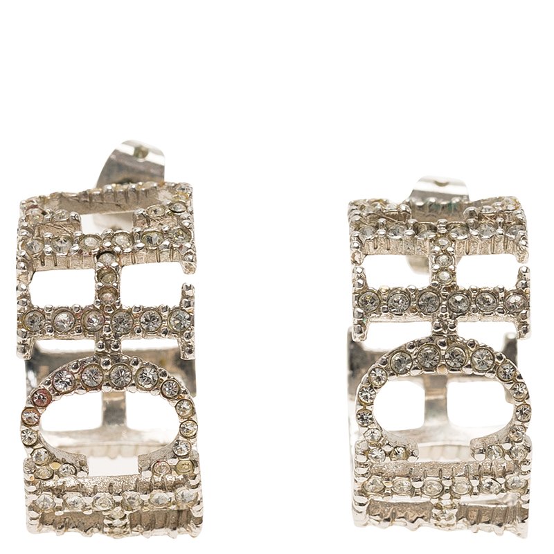 CH Carolina Herrera Crystal Studded Logo Silver Tone Earrings