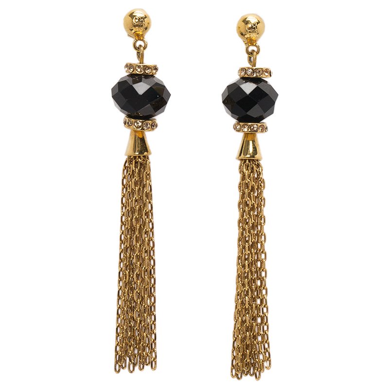 Pre Owned CH Carolina Herrera Black Stone Crystal Gold Tone Long Chain Tassel Earrings