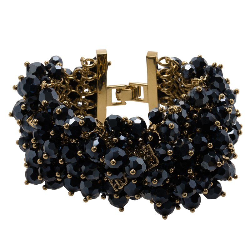مملوكة مسبقًا CH Carolina Herrera Hematite Faceted Beads Gold Tone Wide Bracelet 19cm