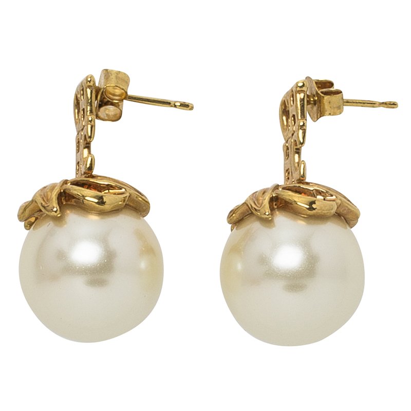 Ch Carolina Herrera Logo Pearl Gold Tone Metal Earrings Ch Carolina 