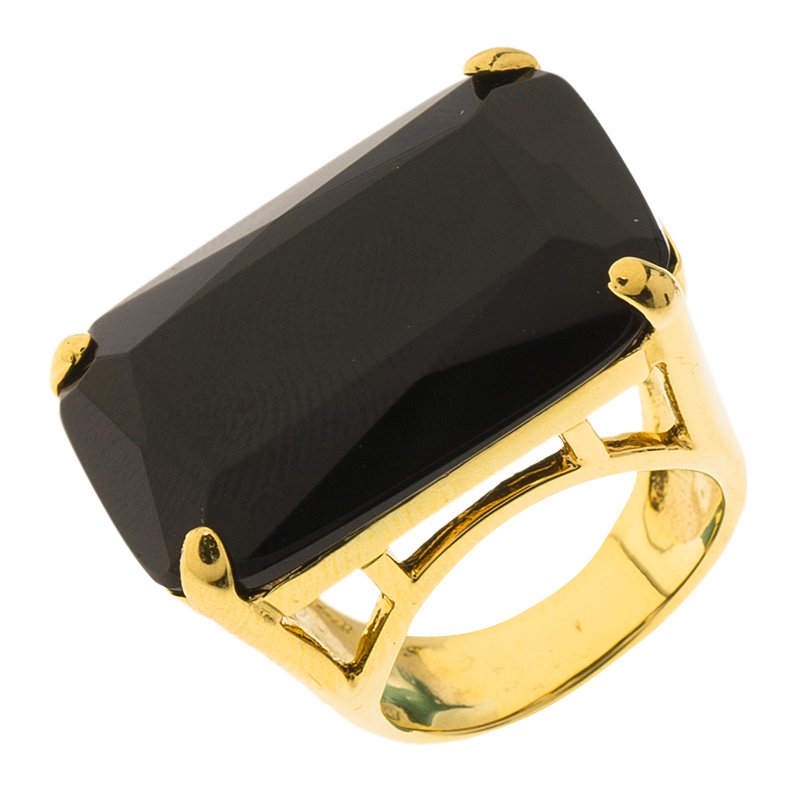 Pre Owned CH Carolina Herrera Opaque Black Faceted Stone Gold Tone Ring Size 55