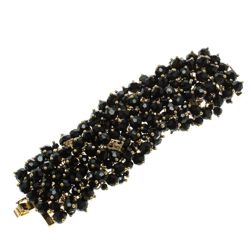 Pre Owned CH Carolina Herrera Black Beads Gold Tone Wide Bracelet 15cm
