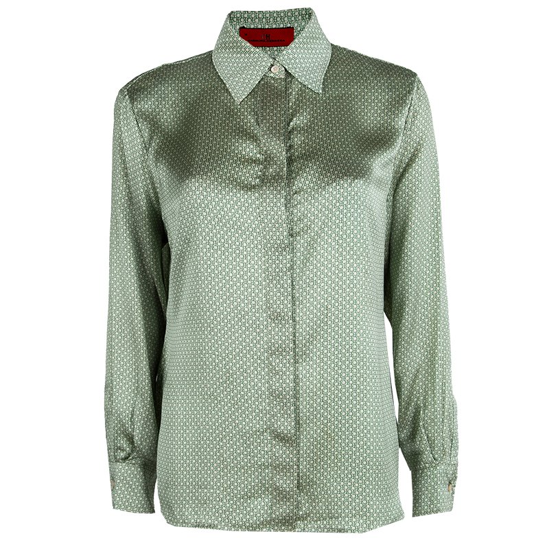 CH Carolina Herrera Green Logo Printed Silk Long Sleeve Button Front Shirt XL