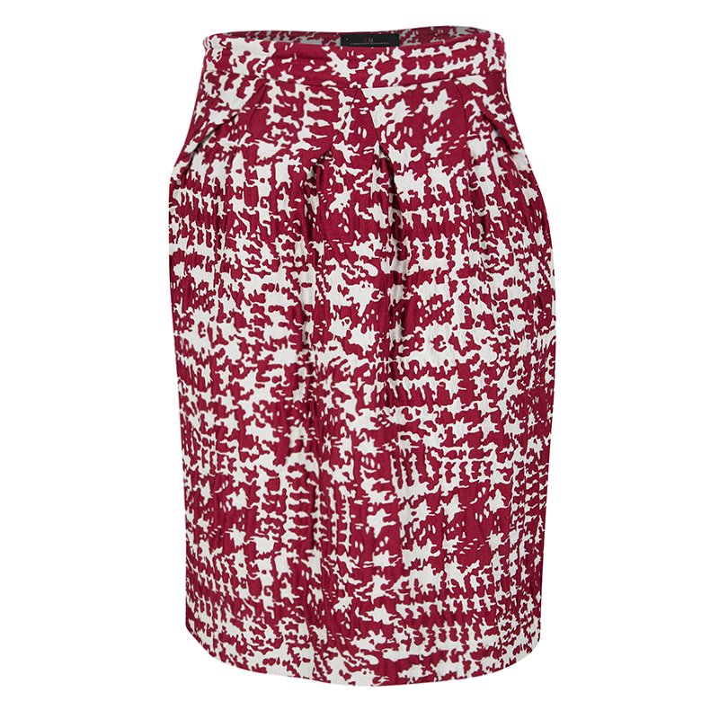 CH Carolina Herrera Red and White Textured Jacquard Pencil Skirt M