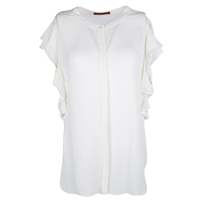 مملوكة مسبقًا بلوزة سي أتش كارولينا هيريرا حرير كريمي بكشكشة مزينة L