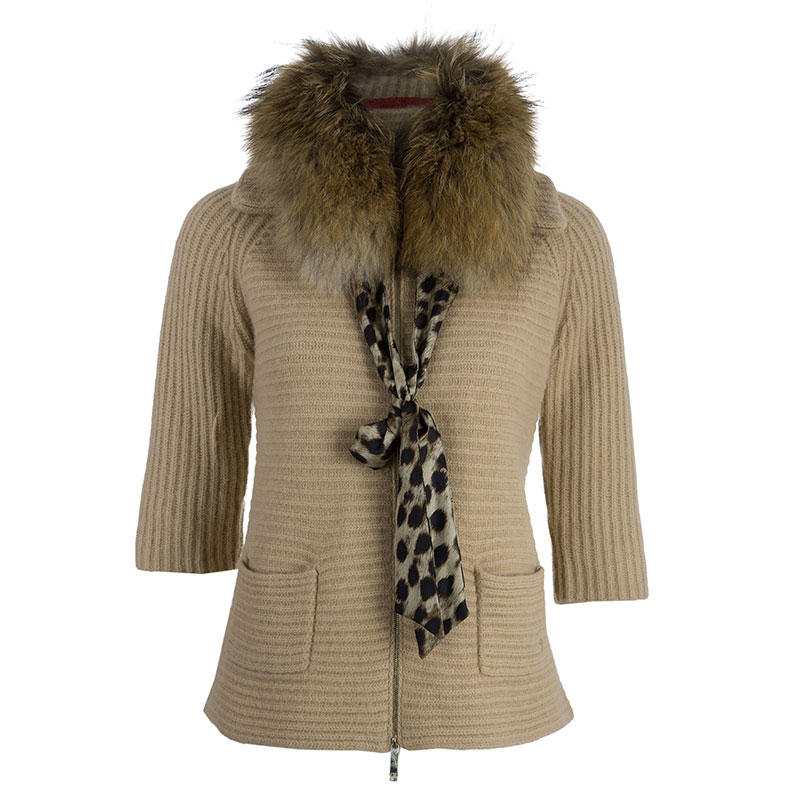 Pre Owned CH Carolina Herrera Beige Wool Fox Fur Cardigan XS