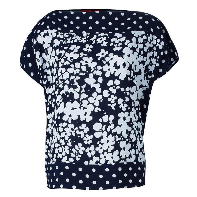 مملوكة مسبقًا CH Carolina Herrera Navy and White Floral Print Square Top M