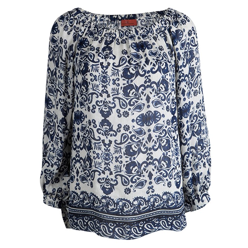 Pre Owned CH Carolina Herrera Off White Printed Off Shoulder Top S