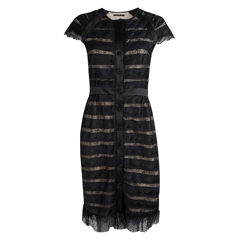 مملوكة مسبقًا CH Carolina Herrera Black Scallop Lace Button Front Dress S