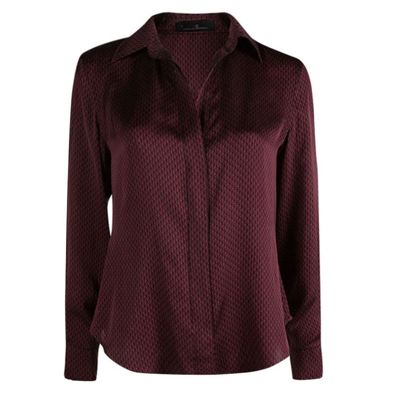 Pre Owned CH Carolina Herrera Red Logo Printed Silk Button Front Shirt M