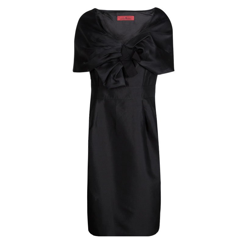 Pre Owned CH Carolina Herrera Black Silk Draped Collar Bow Detail Dress M