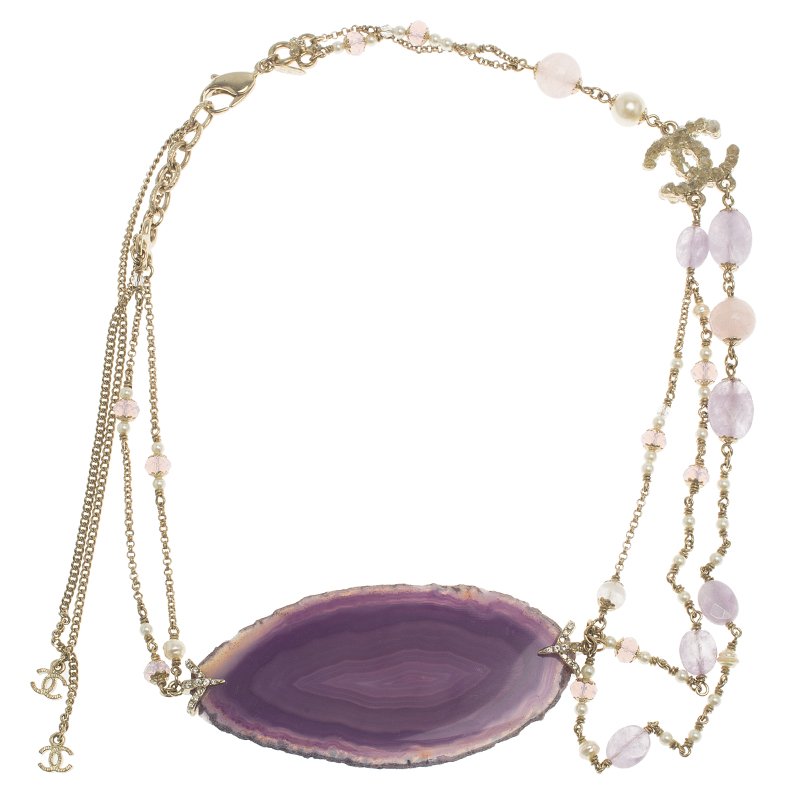 Pre Owned Chanel CC Blue and White Banded Agate Multigem Bead Necklace