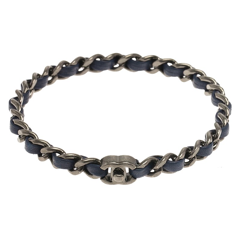 Pre Owned سوار شانيل CC سلسلة جلد أزرق كحلي مقاس 21 سم