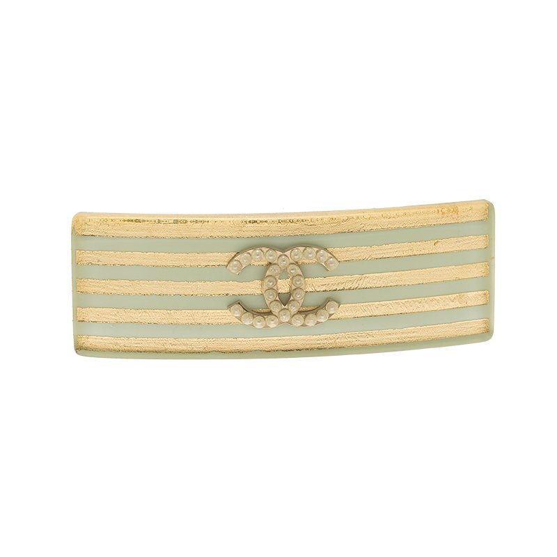 Pre Owned Chanel CC Faux Pearl Gold Tone and Sea Green Resin Hair Clip 