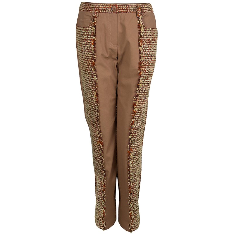 Chanel Tan Brown Multicolor Textured Panel Detail Trousers M