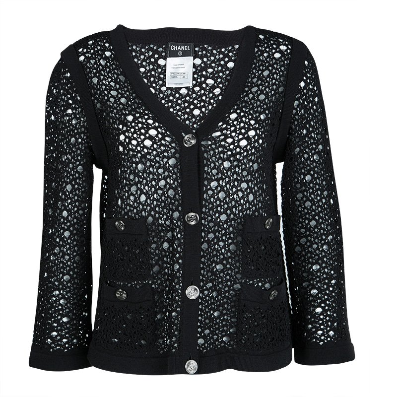 Chanel Black Crochet Knit Button Front Boucle Cardigan L