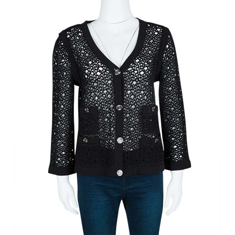 Pre Owned Chanel Black Crochet Knit Button Front Boucle Cardigan L