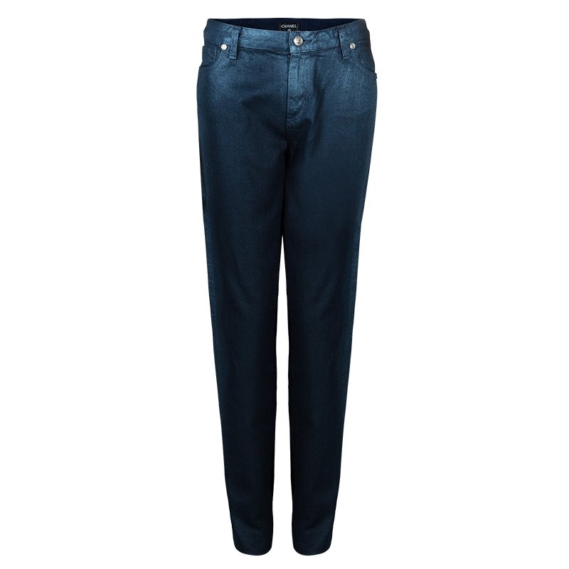 Pre Owned Chanel Indigo Metallic Finish Denim Pants L