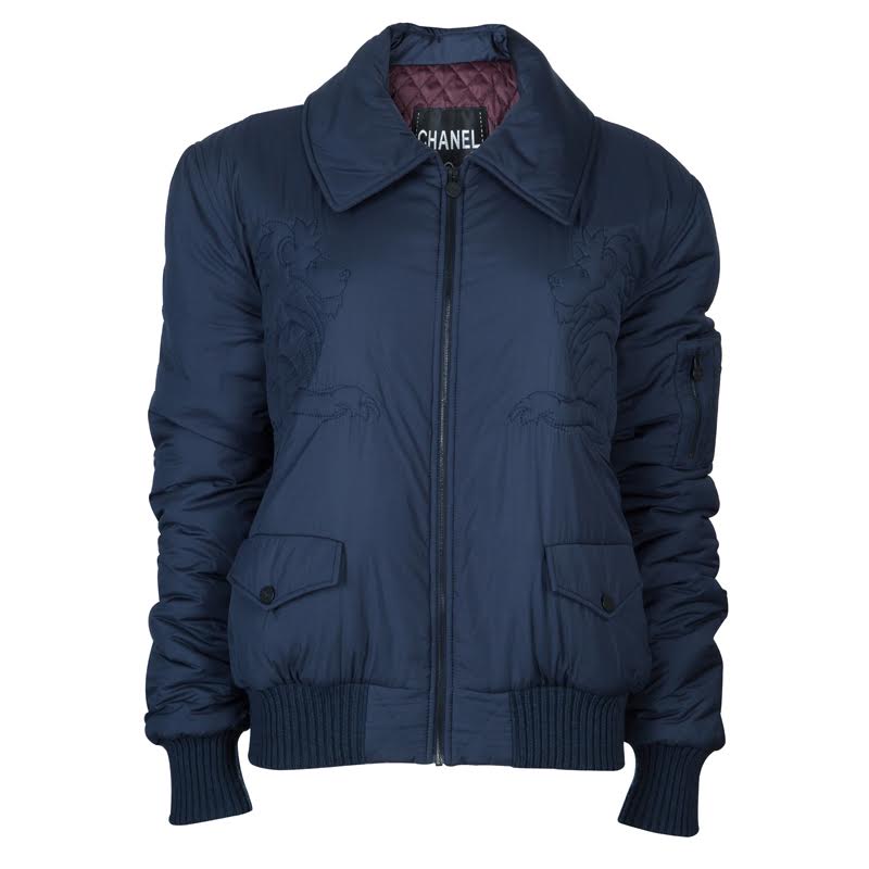 Chanel Navy Blue Quilted Bomber Jacket L