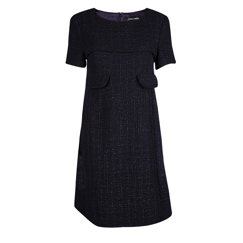 Pre Owned Chanel Black and Purple Textured Short Sleeve Dress L