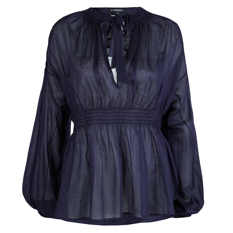 Pre Owned Chanel Navy Blue Cotton Smocked Waist Long Sleeve Sheer Blouse L