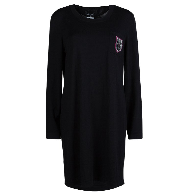 Pre Owned Chanel Black Knit Logo Pocket Detail Long Sleeve Dress L