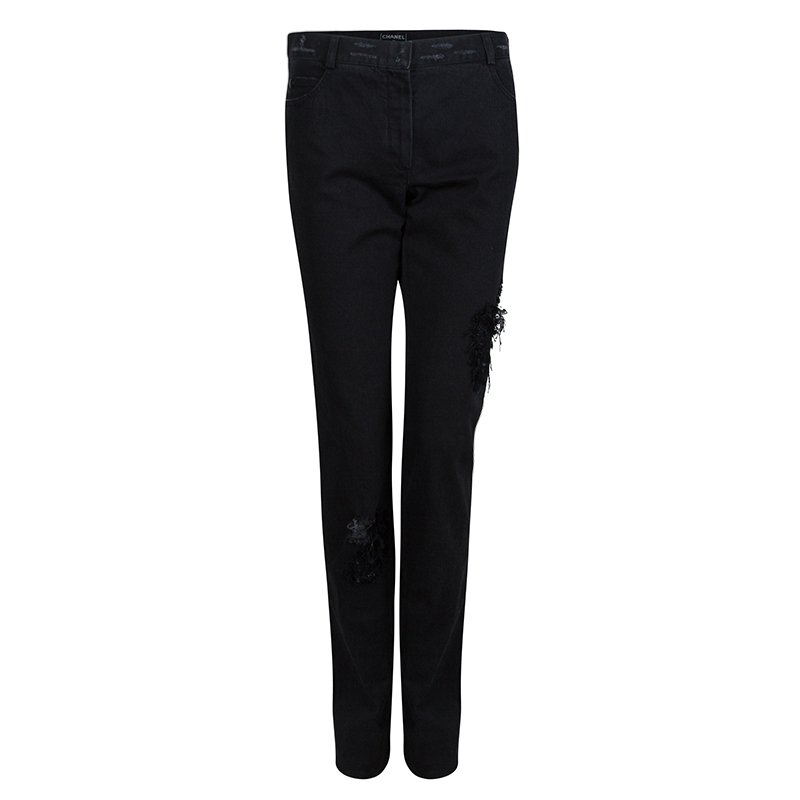 Pre Owned Chanel Black Distressed Denim Embroidered Patch Detail Straight Fit Jeans M