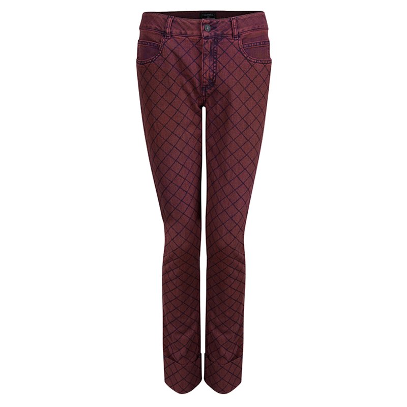 Chanel Red Stone-Washed Denim Topstitch Detail Jeans M