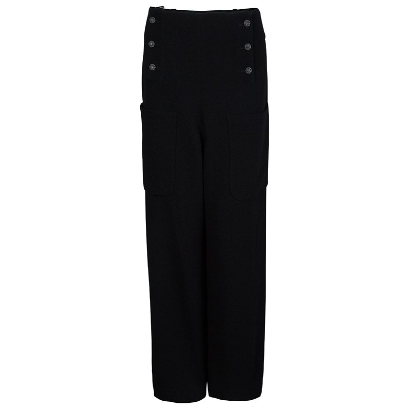 Pre Owned Chanel Black Wool High Waist  Wide Leg Trousers L