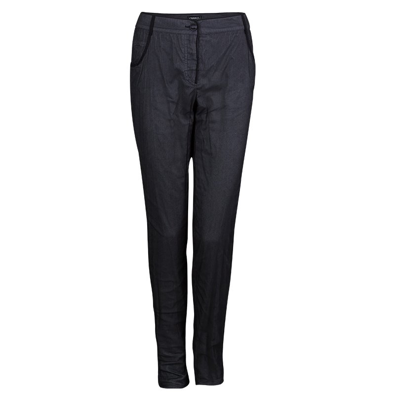Pre Owned Chanel Black Cotton Mesh Lined Trousers L