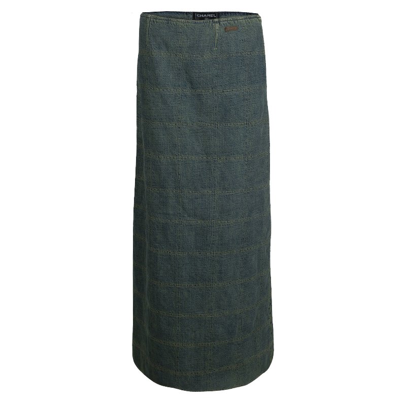 Pre Owned Chanel Vintage Washed Denim Quilted Maxi Skirt M
