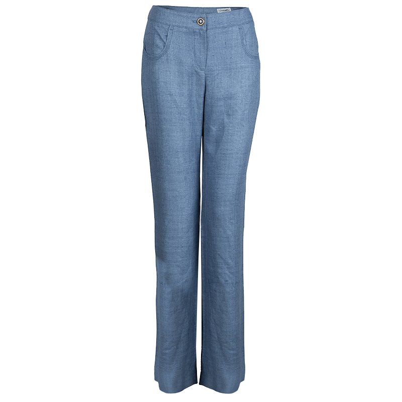 Pre Owned Chanel Blue Textured Silk Wide Leg Trousers M