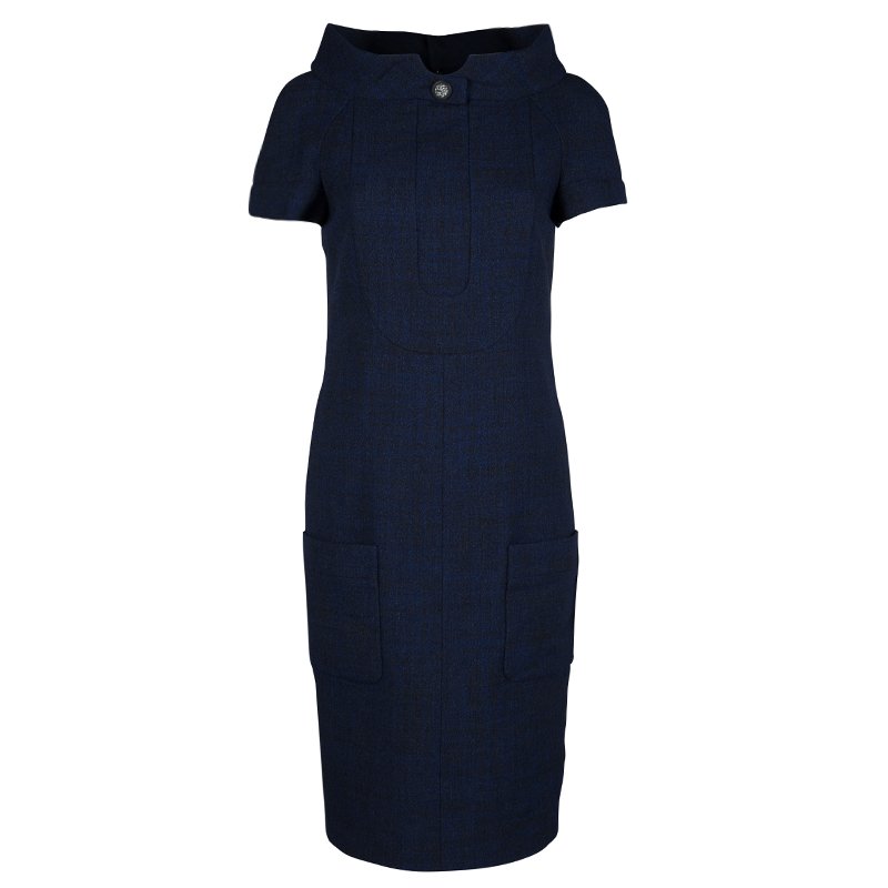 Pre Owned Chanel Navy Blue High Collar Textured Wool Dress M